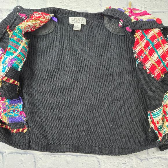 VTG Epoch Knitwear Embellished Cardigan Black Patchwork Button Sweater sz Medium - Picture 2 of 10